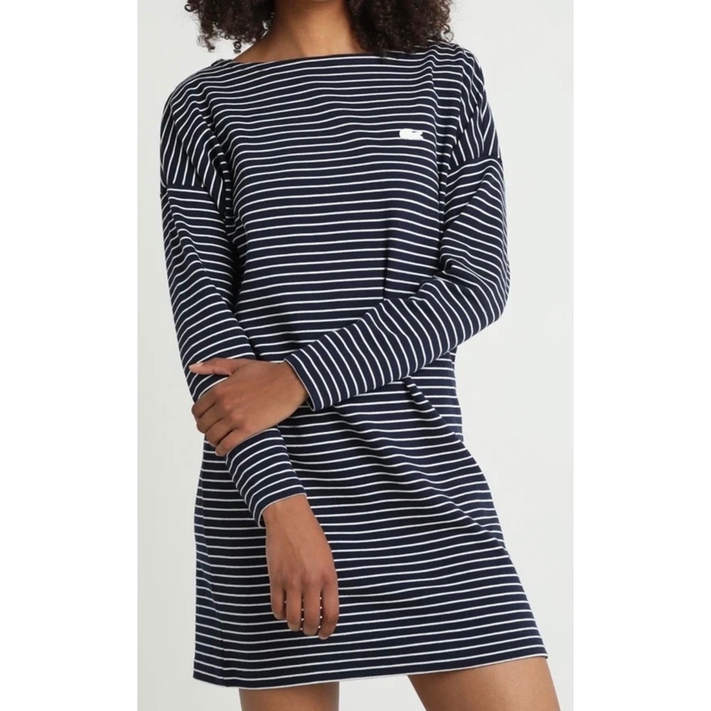 Lacoste dress navy blue white stripe long sleeve EU 34 US 2 XS boatneck